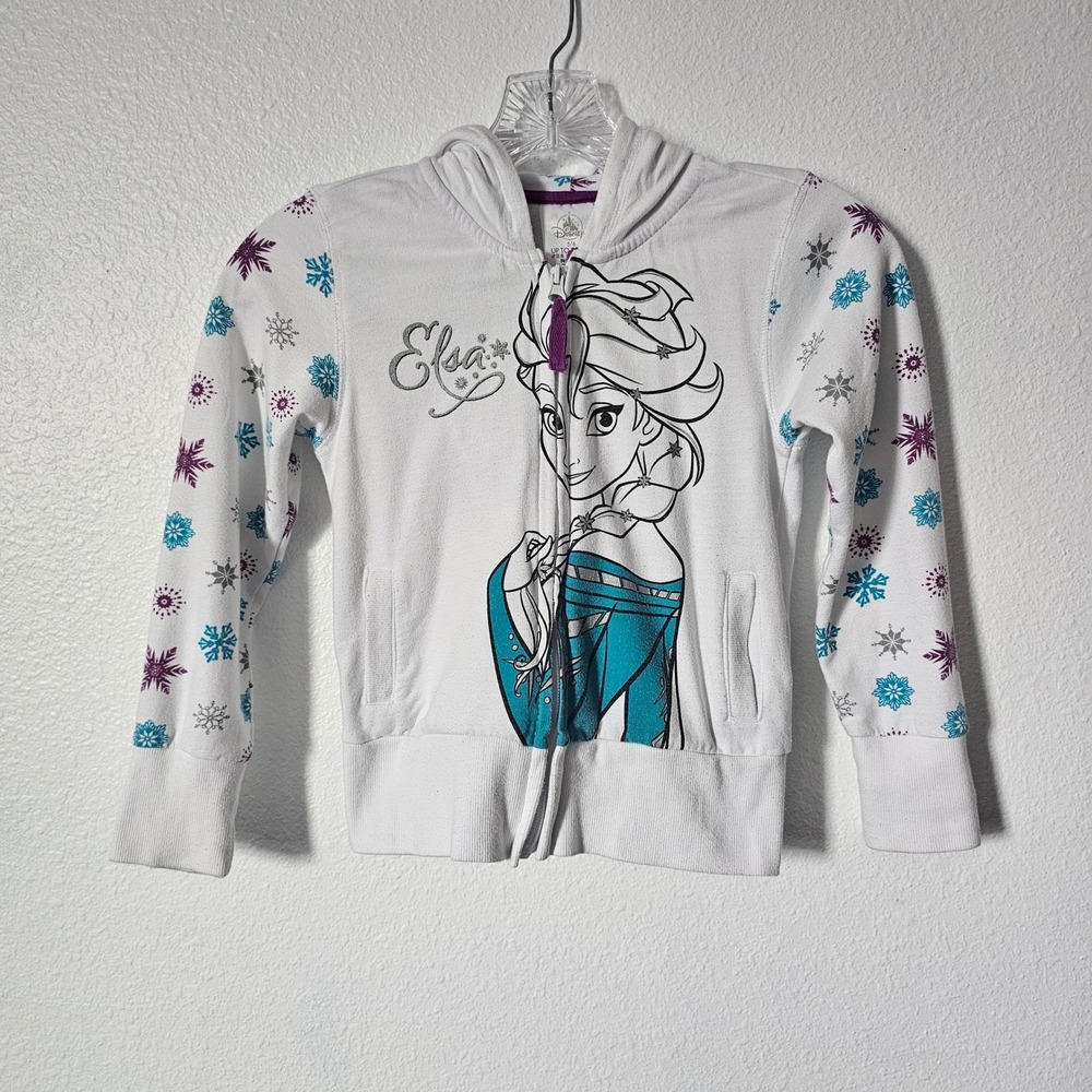 Disney Frozen Elsa Girls White Zip Up Hoodie Snowflake Sleeves Size 5/6